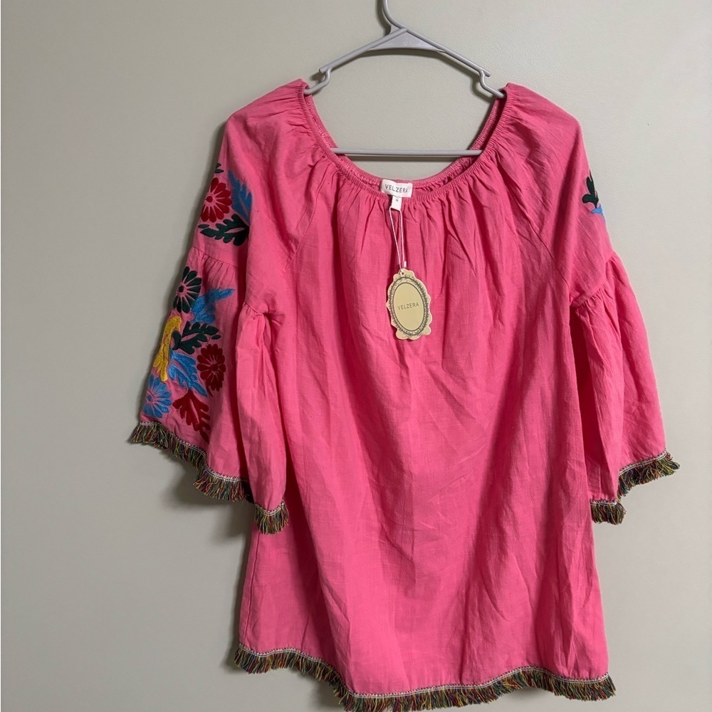 Velzera Size Medium Off Shoulder Tunic Dress Embroidered Fringe New Cotton Boho - Picture 2 of 9